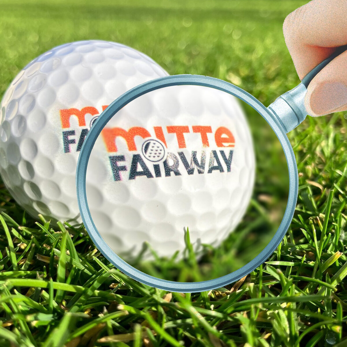Golfball mit vorgehaltener Lupe